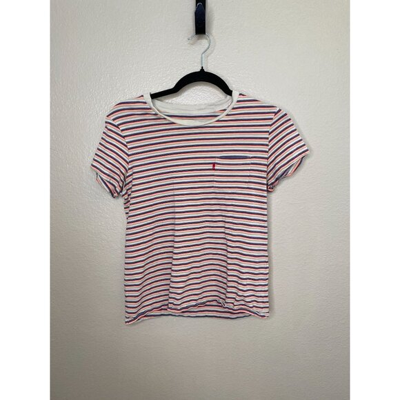 Levis Perfect Crew Womens Striped T-Shirt XS Tan Blue Stripes Short Sleeve - Picture 1 of 6